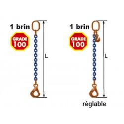 Elingues à chaîne 1 brin Grade 100 avec 1 anneau et 1 crochet à verrouillage automatique
