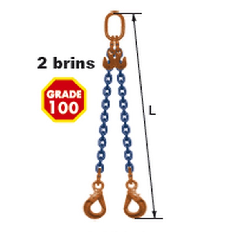 Elingues à chaîne réglable 2 brins Grade 100 avec 2 crochets à verrouillage automatique