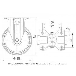 Roulettes industrielles polyamide Ø125 charge 250 kg, version fixe plan
